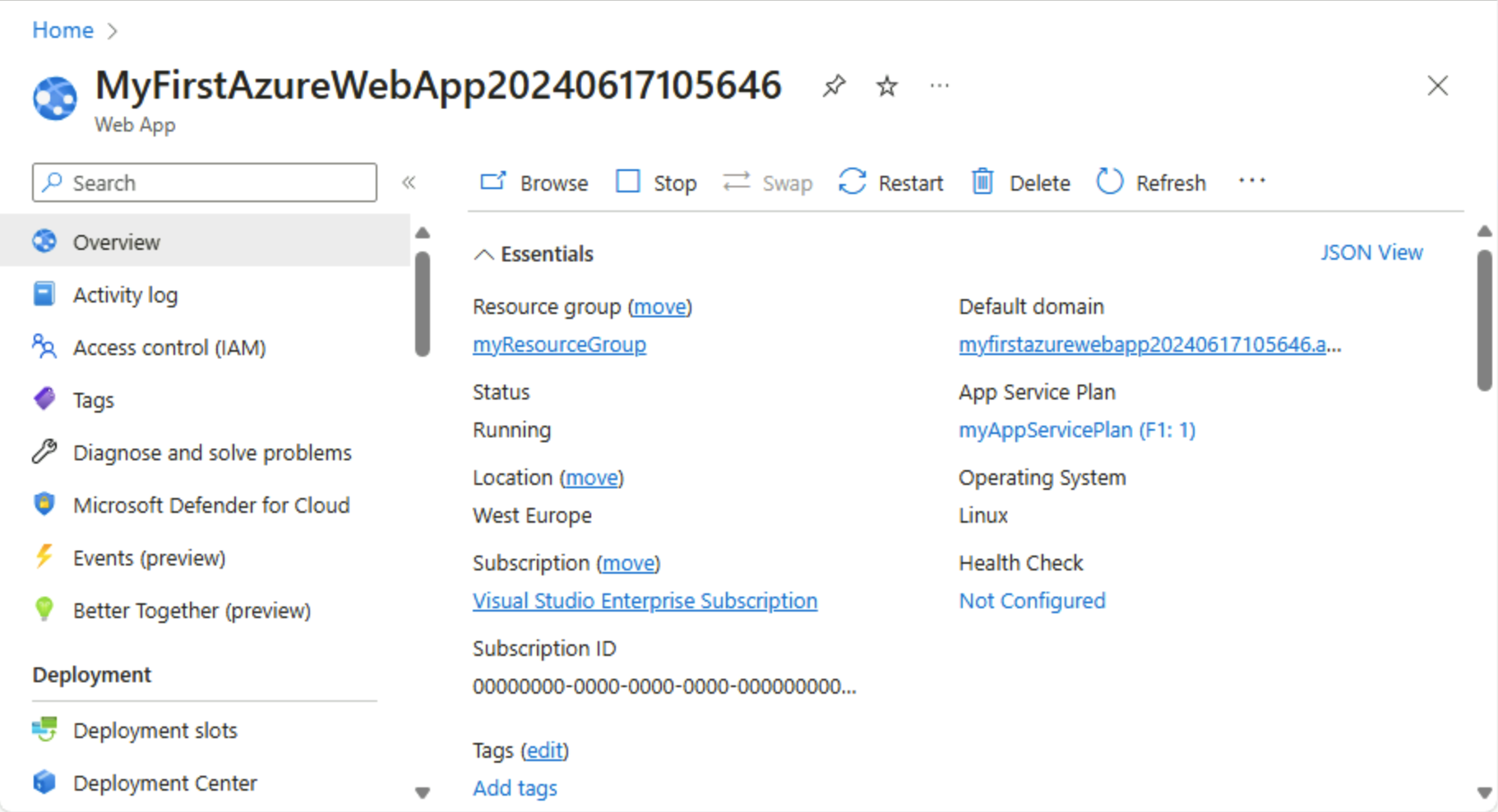 Azure portal - [App Service の概要] ページのスクリーンショット。