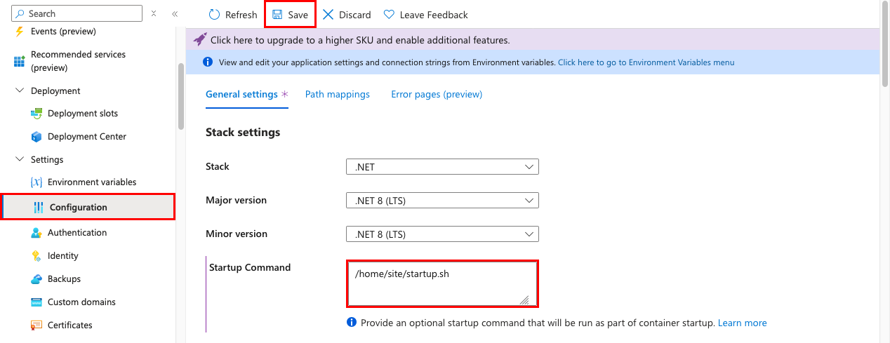 Azure portal で App Service アプリのカスタム スタートアップ ファイルを構成する方法を示すスクリーンショット。