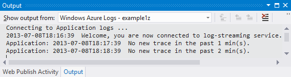 通知行を含むログ ストリーミング サービスへの接続の例が示されている、[出力] ウィンドウのスクリーンショット。