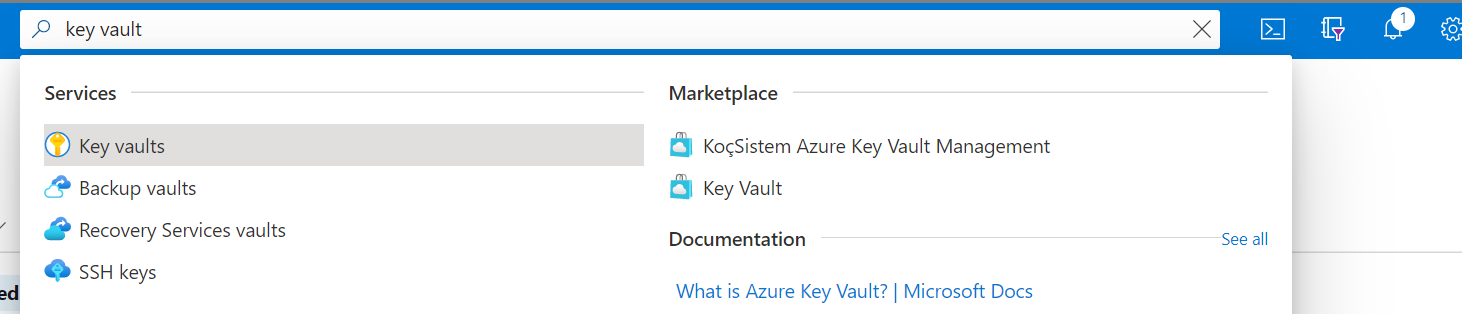 Key Vault サービスを検索する方法を示すスクリーンショット。