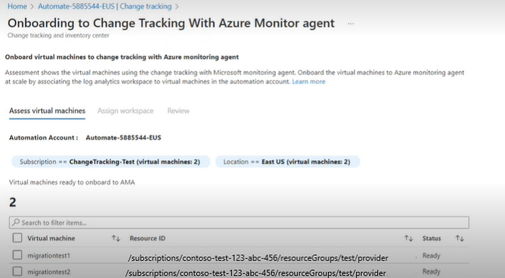 Log Analytics から Azure Monitoring Agent への、変更履歴とインベントリへの複数の仮想マシンのオンボーディングのスクリーンショット。