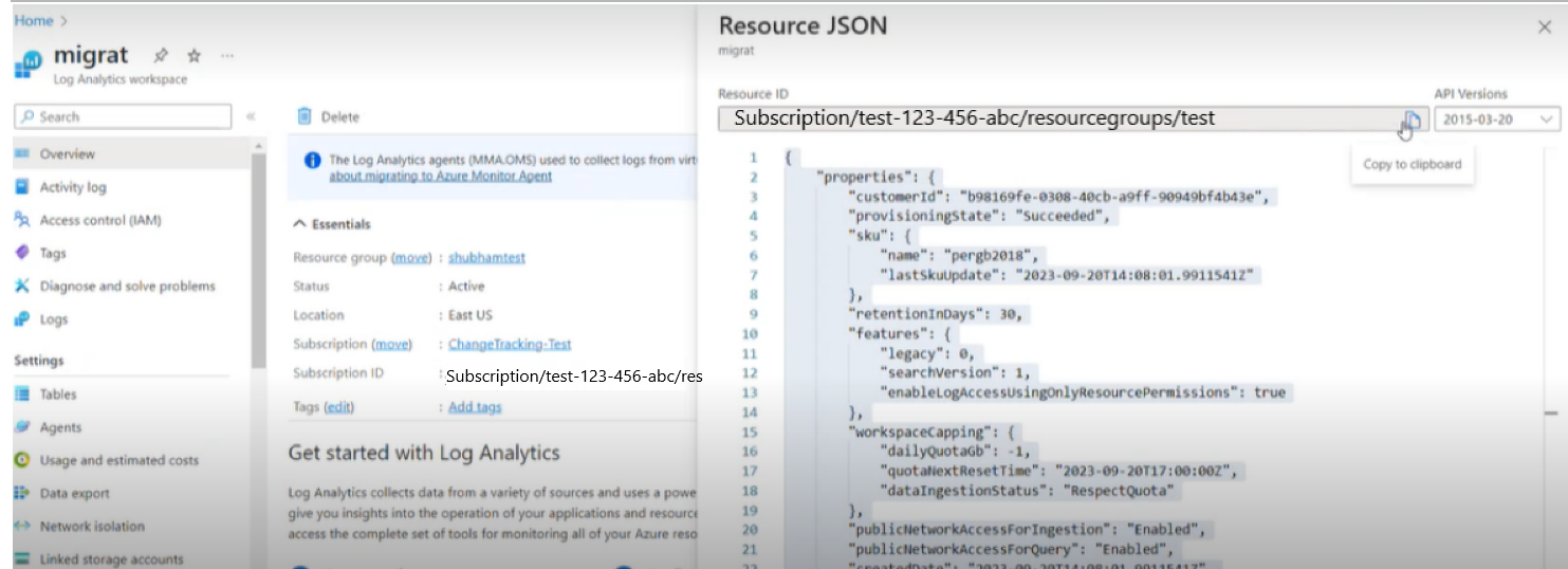 Log Analytics ワークスペース ID を示すスクリーンショット。