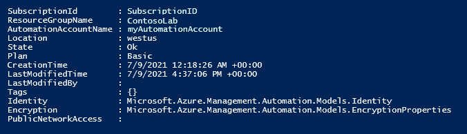 Set-AzAutomationAccount コマンドからの出力。