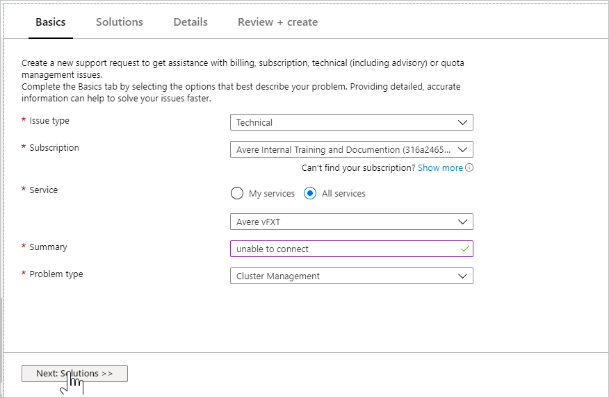 Azure portal の新しいサポート リクエスト画面のスクリーンショット。[基本] タブが選択されています。画面の項目には、[問題の種類]、[サブスクリプション]、[サービス]、[概要]、および [問題の種類] が含まれます。