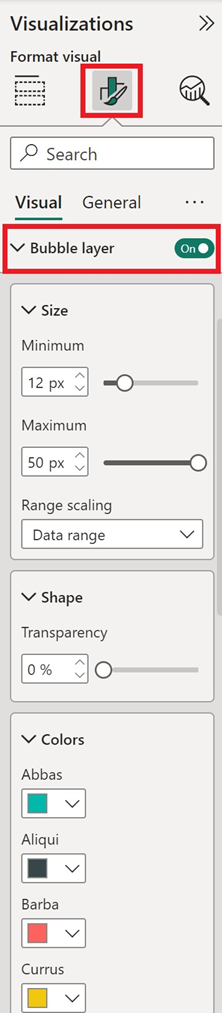 Power BI の [視覚化] ペインで [形式] タブが選択されているときに [バブル] セクションに表示される円グラフの設定を示すスクリーンショット。