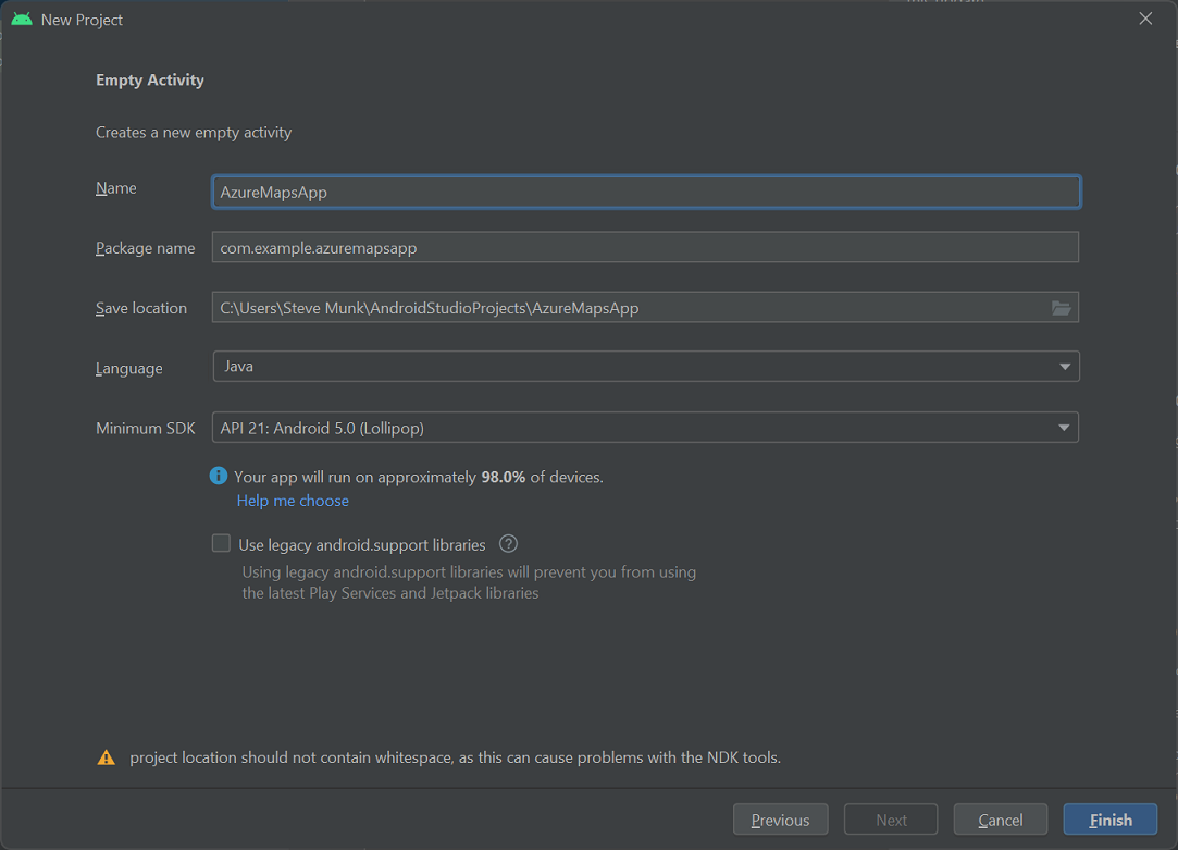 Android Studio の [Create an Empty Activity] (空のアクティビティの作成) 画面を示すスクリーンショット。