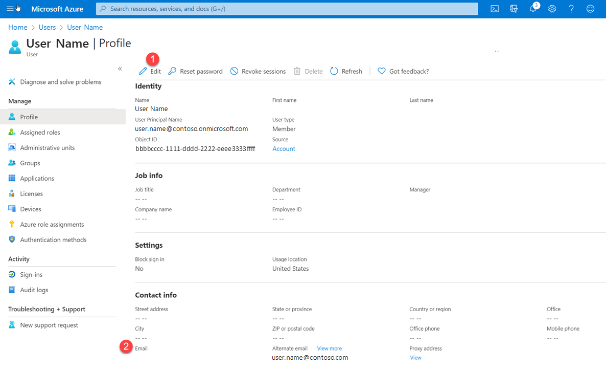 Azure portal のユーザー プロファイル ページを示すスクリーンショット。[編集] ボタンと [電子メール] ボックスが強調表示されている。