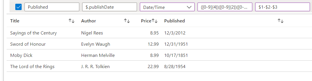 日時形式に変換された JSONpath を示すスクリーンショット。