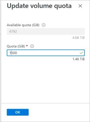 [ボリュームのクォータを更新] ウィンドウを示すスクリーンショット。