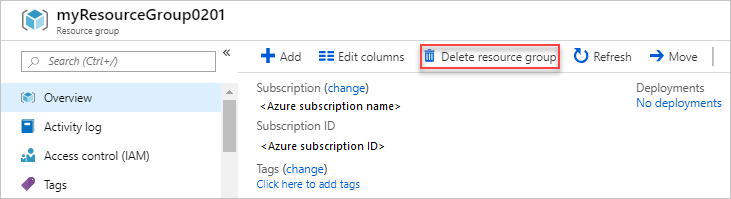 Azure portal の [リソースグループの削除] ボタンのスクリーンショット。