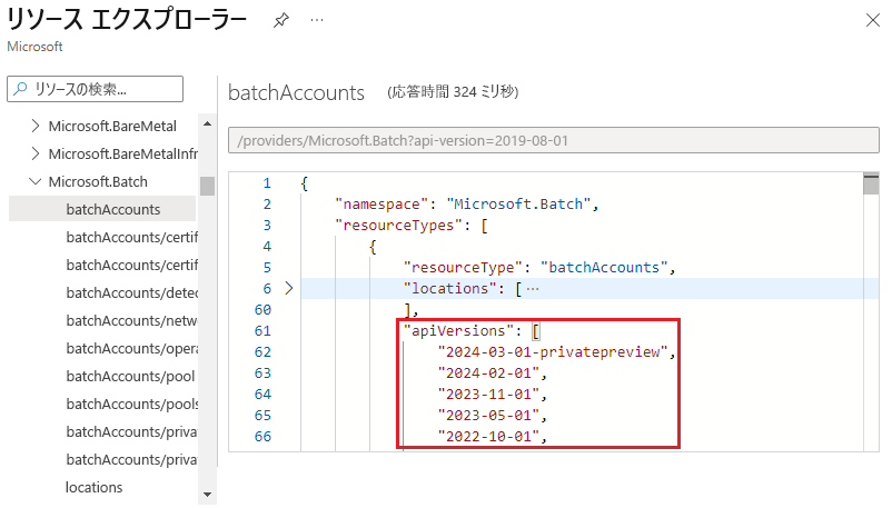 Azure Resource Explorer でのリソースの種類の有効な API バージョンを表示する画面のスクリーンショット。