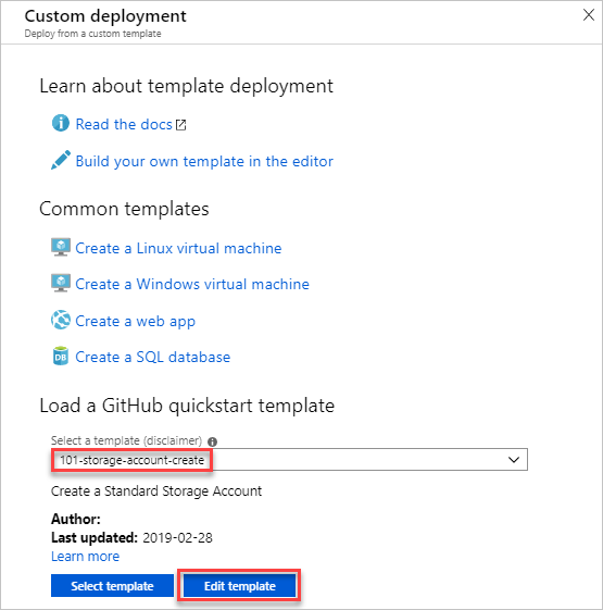 Azure portal でのテンプレートの作成オプションのスクリーンショット