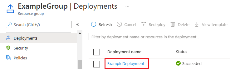 リソース デプロイの強調表示されたリンクのスクリーンショット。