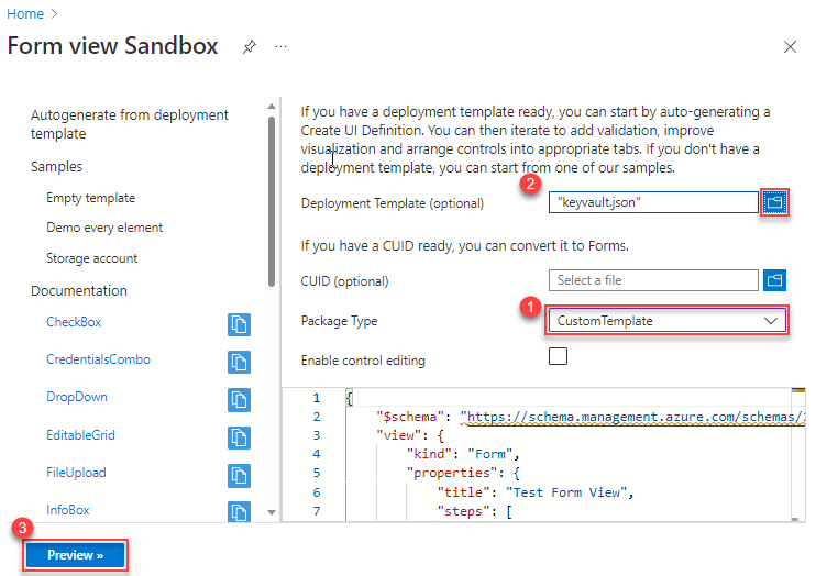 Azure portal [フォーム ビューのサンドボックス] インターフェイスのスクリーンショット。