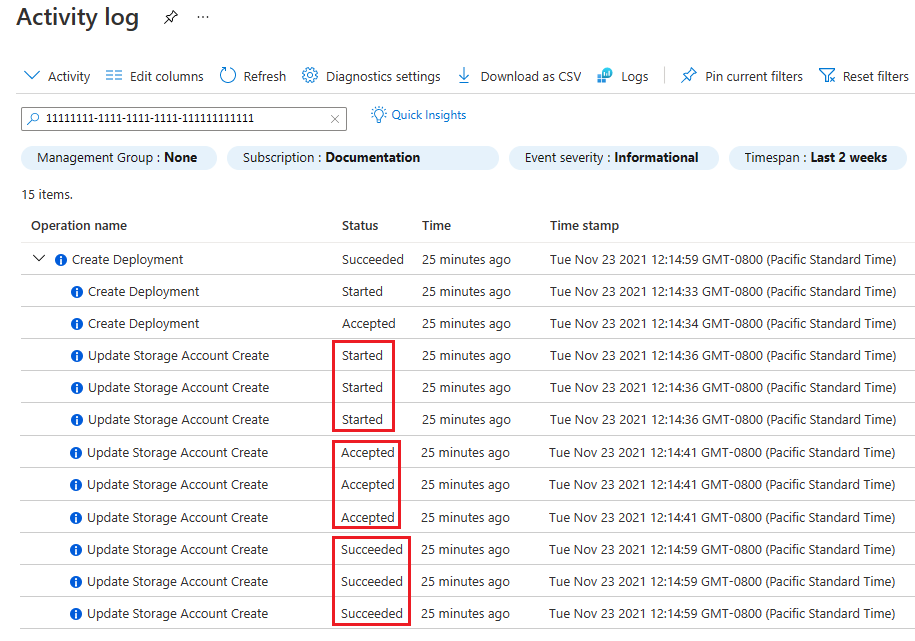 並列にデプロイされた 3 つのストレージ アカウントを、[timestamp] および [状態] と一緒に表示する Azure portal [アクティビティ ログ] のスクリーンショット。