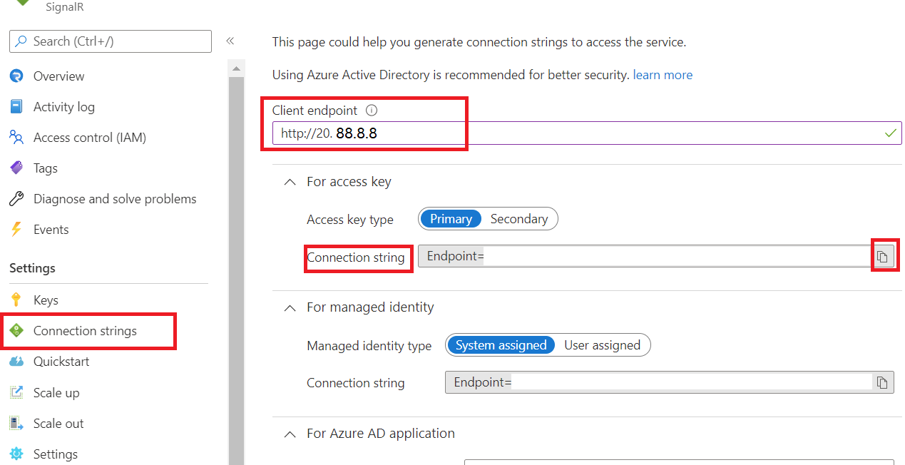 SignalR Service の接続文字列とクライアント エンドポイントの取得を示すスクリーンショット。