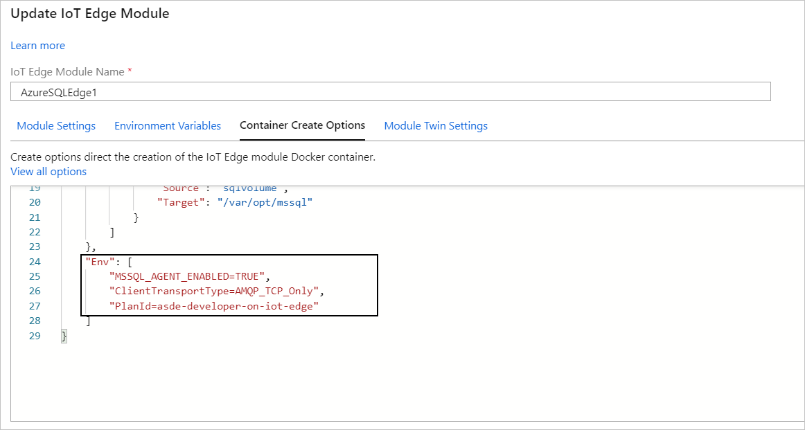 コンテナー作成オプションを使用した設定のスクリーンショット。