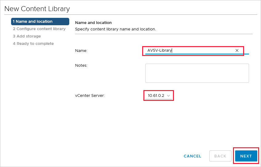 新しいコンテンツ ライブラリの名前と vCenter Server の IP を示すスクリーンショット。