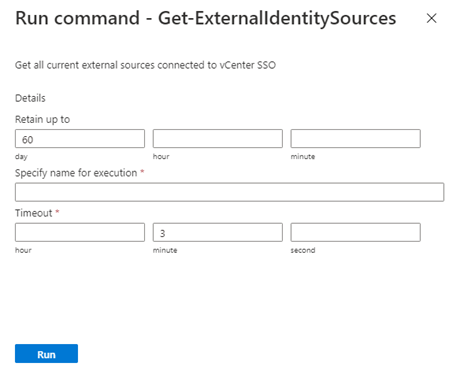 [コマンドの実行] メニューの Get-ExternalIdentitySources コマンドレットを示すスクリーンショット。