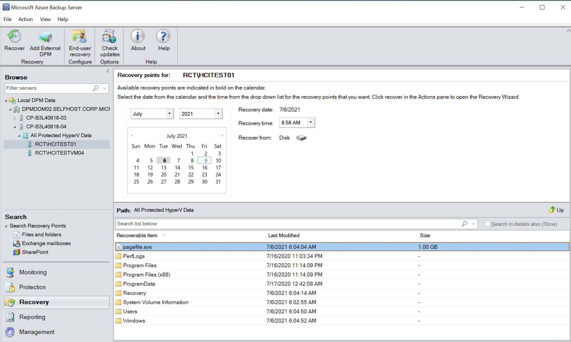 Hyper-v VM で回復の選択の確認方法を示すスクリーンショット。