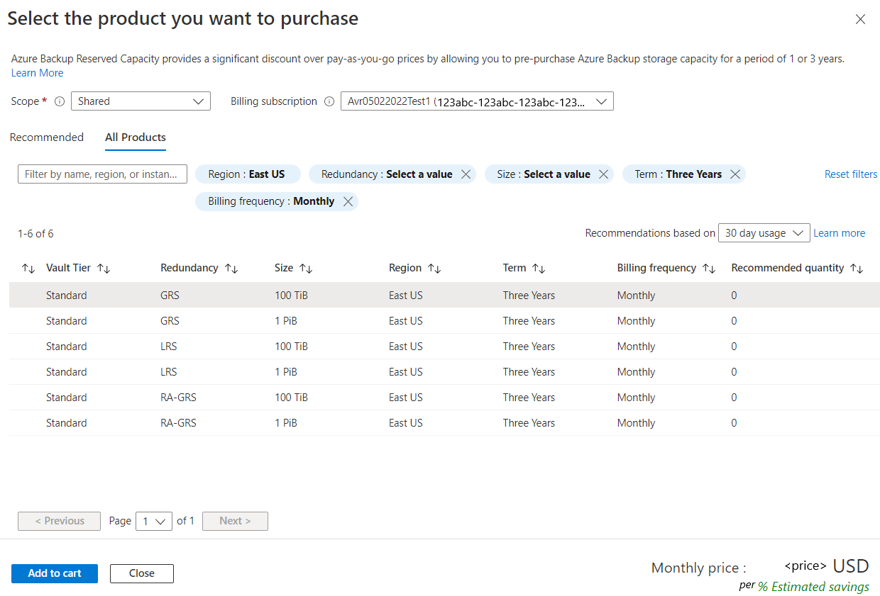 Azure Backup Storage の予約機能を購入するために入力する情報を示すスクリーンショット。