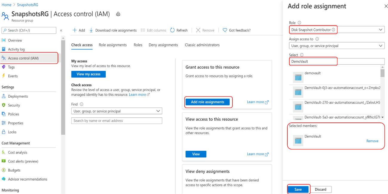 バックアップ コンテナーのマネージド ID に、リソース グループに対するディスク スナップショットの共同作成者ロールを割り当てるプロセスを示すスクリーンショット。