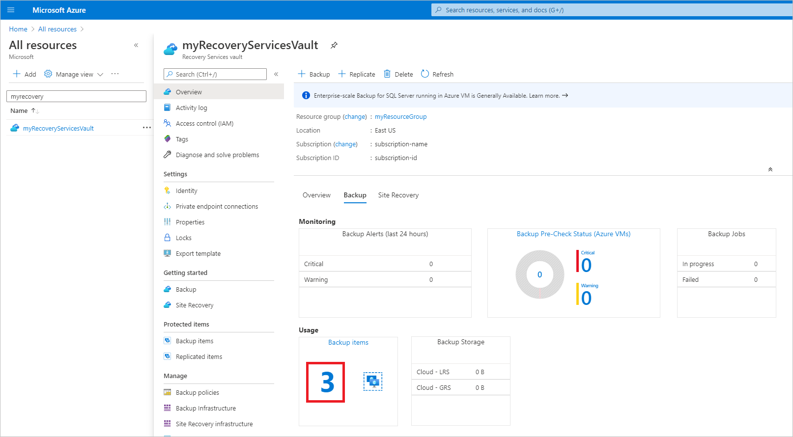 [バックアップ項目] メニューを開く操作を示すスクリーンショット。