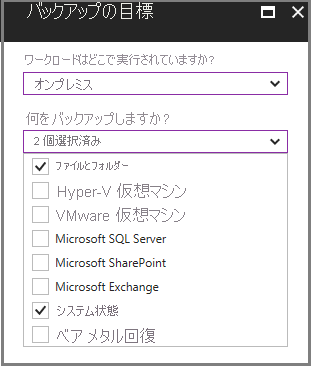 [バックアップの目標] メニューを示すスクリーンショット。