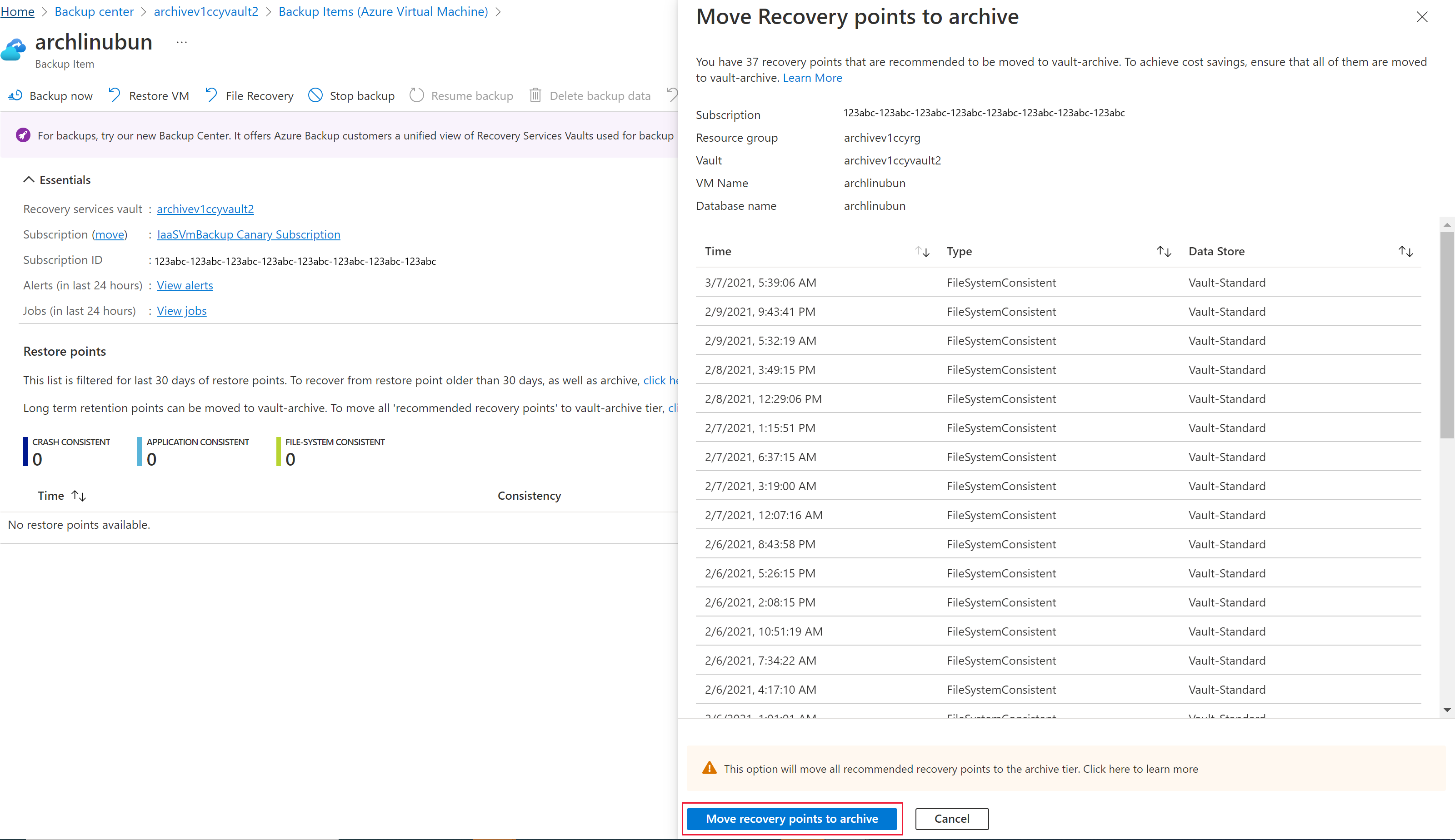 Virtual Machines 用のすべての復旧ポイントを Vault-Archive レベルに移動するプロセスの開始オプションを示すスクリーンショット。