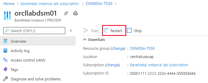 BareMetal インスタンスを再起動する方法を示すスクリーンショット。