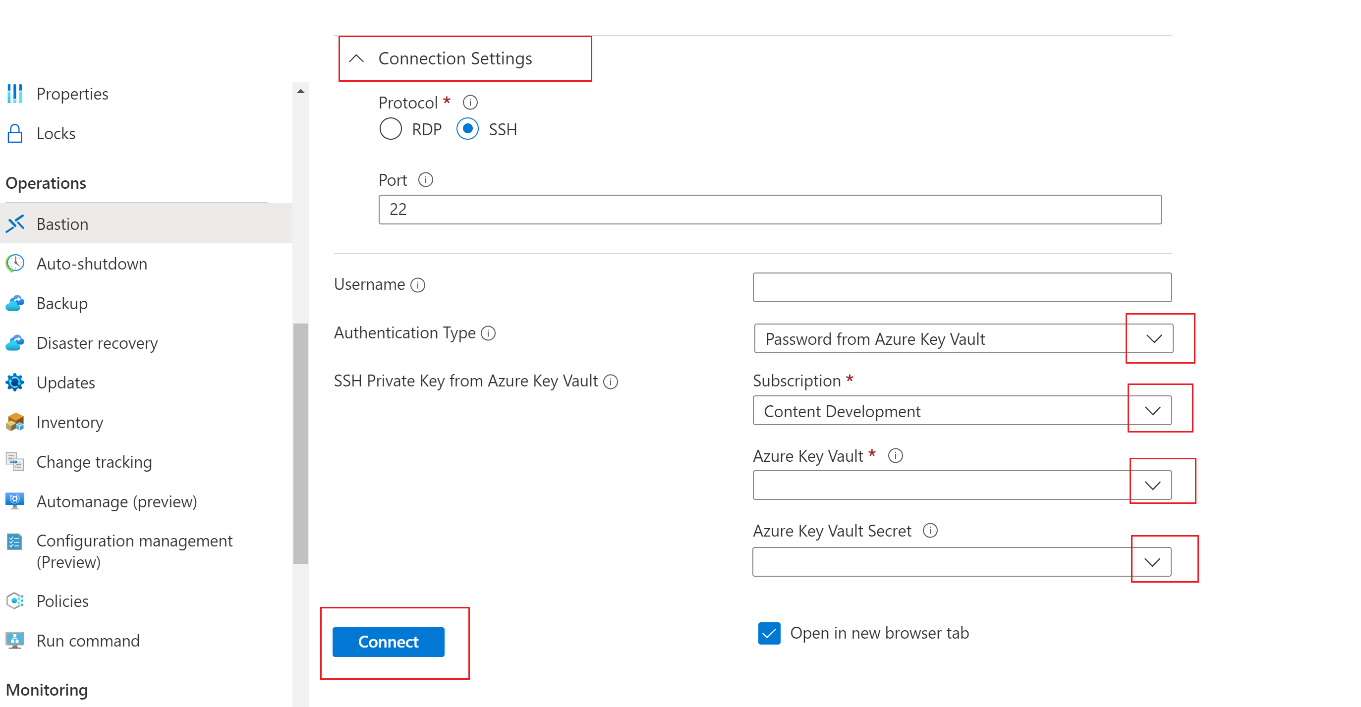 [Azure Key Vault からのパスワード] 認証を示すスクリーンショット。