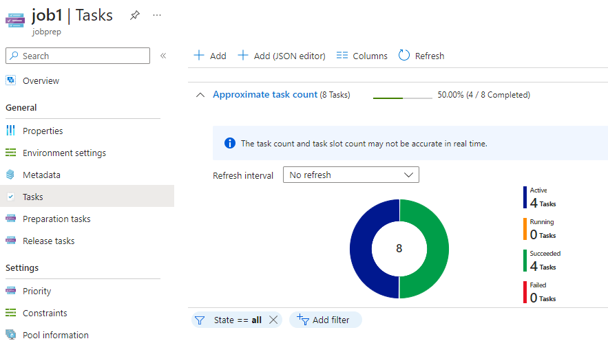 Azure portal でのジョブ タスクの進行状況を示すスクリーンショット。