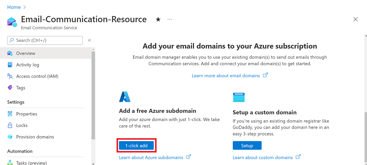 無料の Azure マネージド ドメインの追加が強調表示されているスクリーンショット。