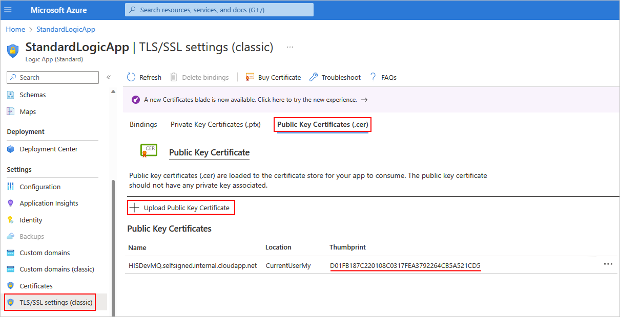 [TLS/SSL 設定 (クラシック)]、[公開キー証明書 (.cer)]、[公開キー証明書のアップロード] が選択されている Azure portal と Standard ロジック リソースを示すスクリーンショット。