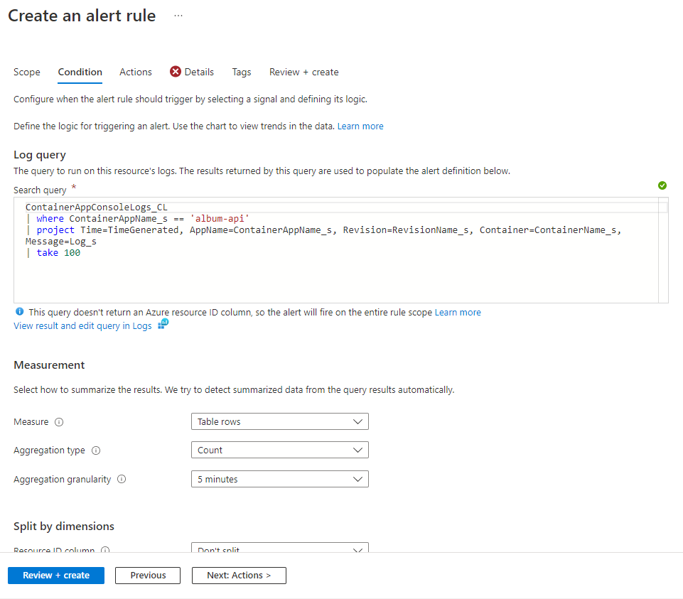 Log Analytics のアラート ルール エディターのスクリーンショット。