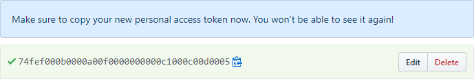 GitHub で生成された個人用アクセス トークンのスクリーンショット