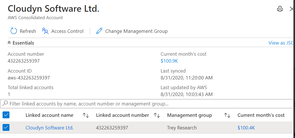 AWS 統合アカウントの詳細を示すスクリーンショット。