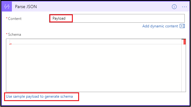 サンプル JSON データを使用してスキーマ ペイロードを生成する方法を示すスクリーンショット。