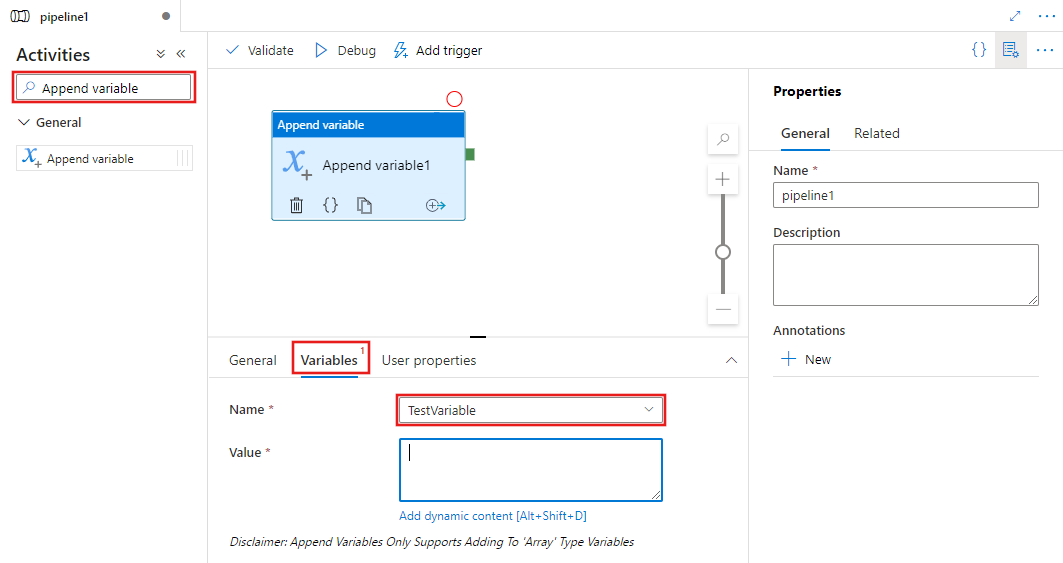 Append Variable アクティビティの UI を示しています。