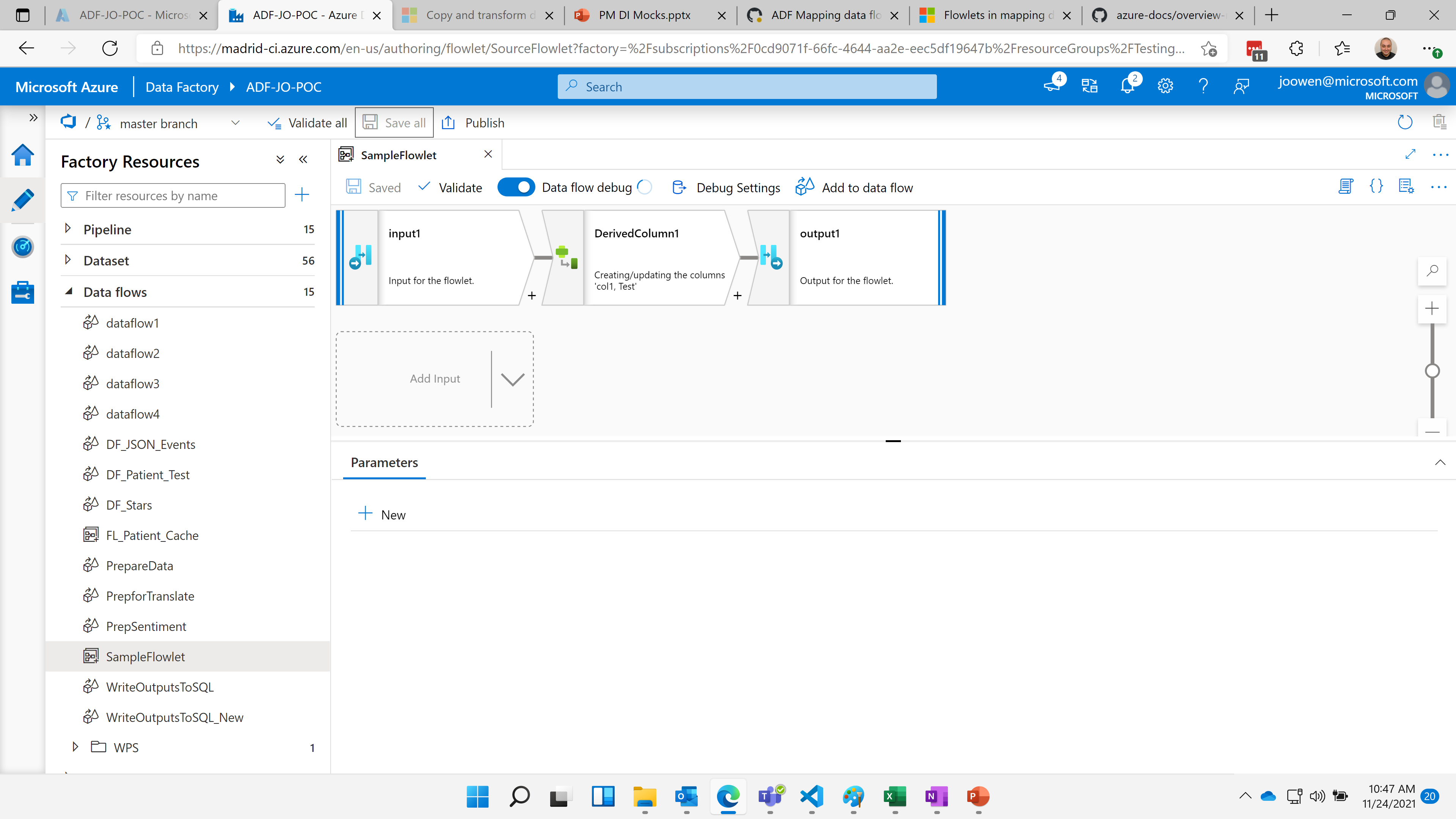 Flowlet のデザイン画面とマッピング データ フローとの類似点を示すスクリーンショット。