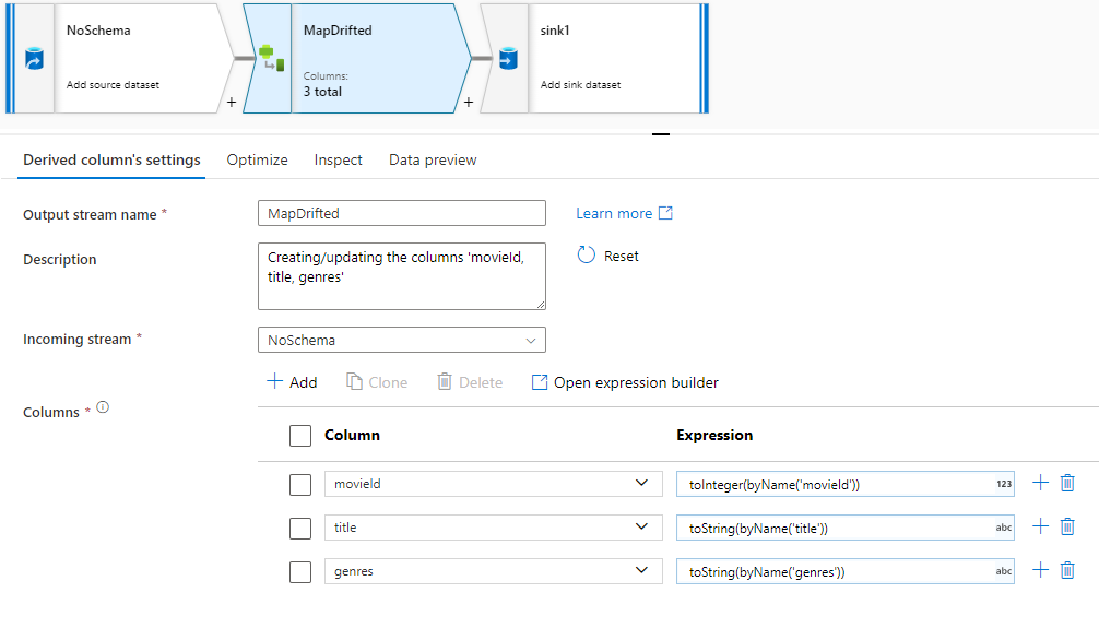 スクリーンショットには、[Derived column's settings]\(派生列の設定\) タブが示されています。