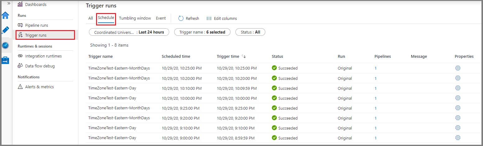 Data Factory でトリガー実行のスケジュールの監視を示すスクリーンショット。