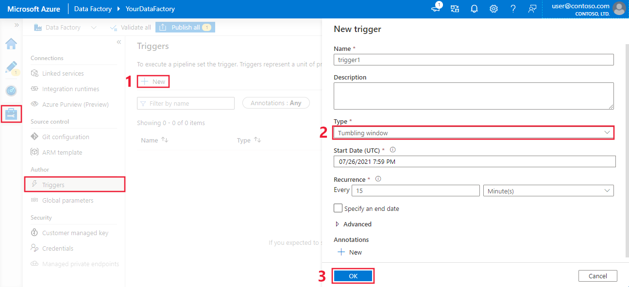 Data Factory の Azure portal でタンブリング ウィンドウ トリガーを作成する方法を示すスクリーンショット。