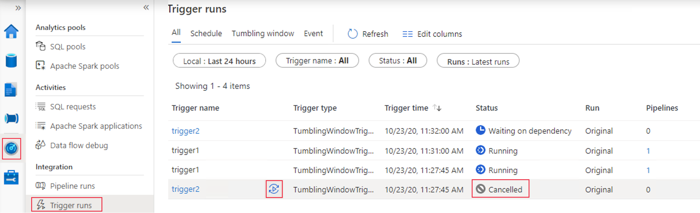 Azure Synapse で以前にキャンセルした実行のタンブリング ウィンドウ トリガーの再実行を示すスクリーンショット。