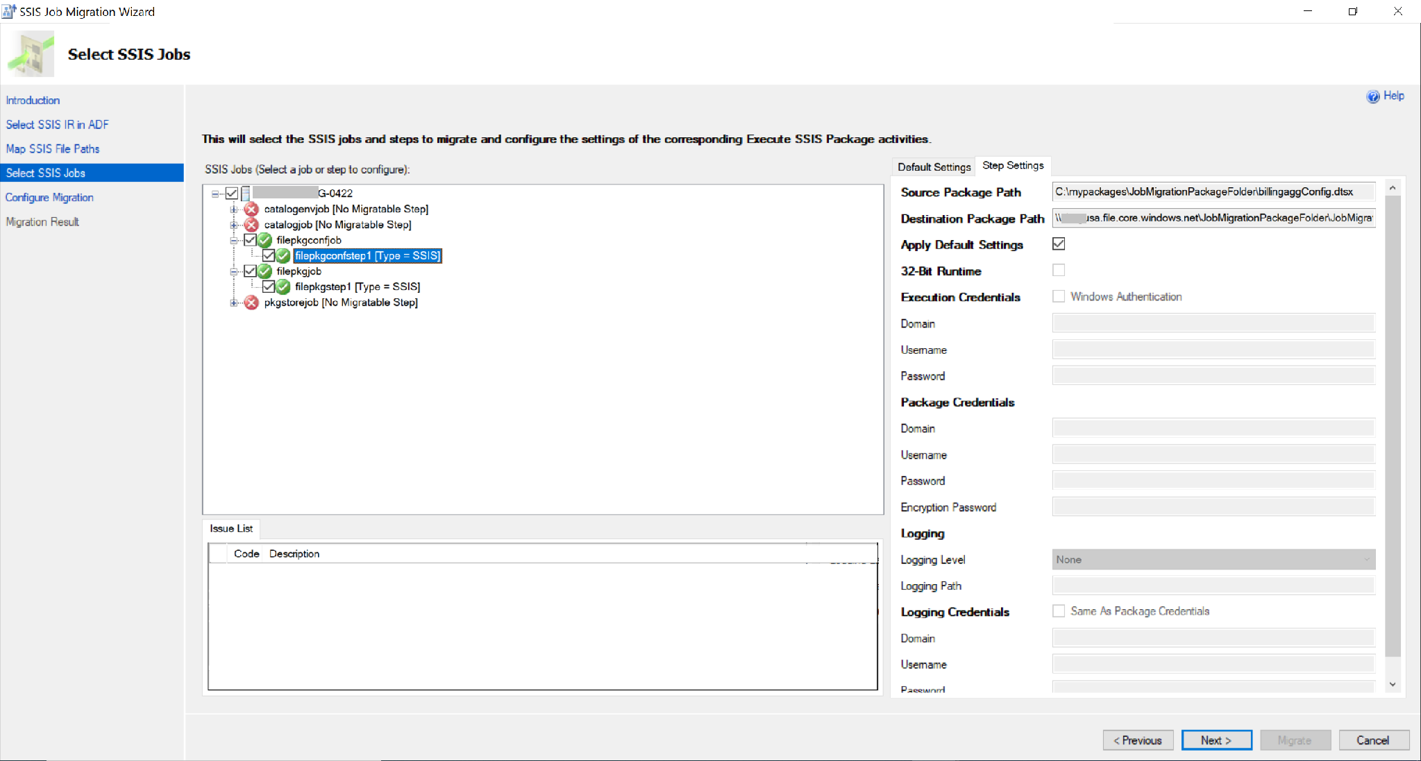 スクリーンショットには、[Select SSIS Jobs]\(SSIS ジョブの選択\) ページが示されています。ここでは、既定の設定を適用できます。