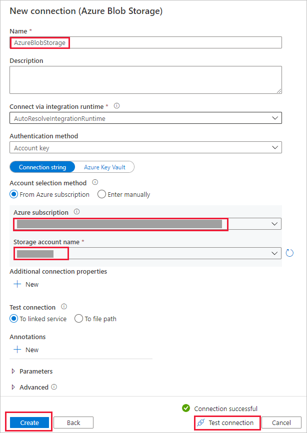 Azure Blob Storage アカウントを構成する場所を示すスクリーンショット。