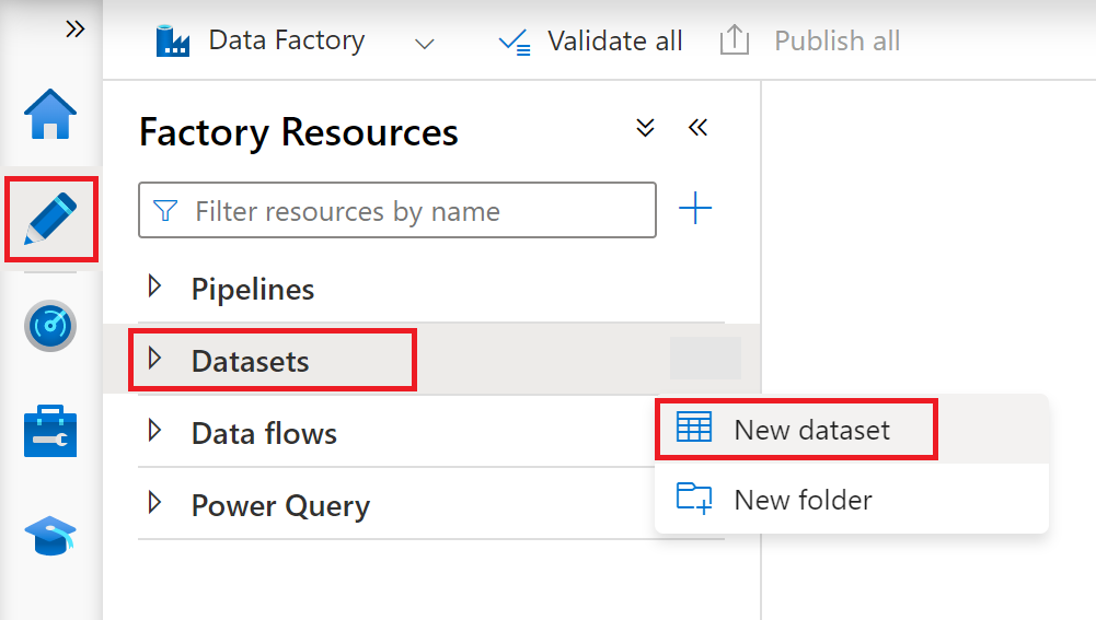 Data Factory Studio の [作成者] ハブでの新しいパイプラインの作成を示すスクリーンショット。