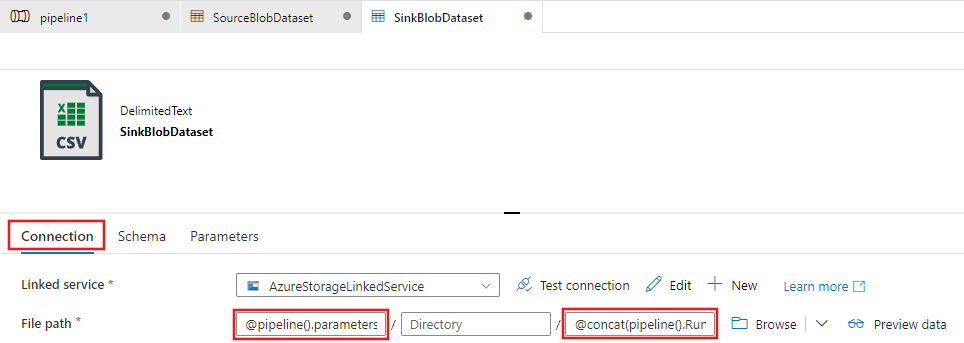 シンク データセット設定のスクリーンショットを示します。