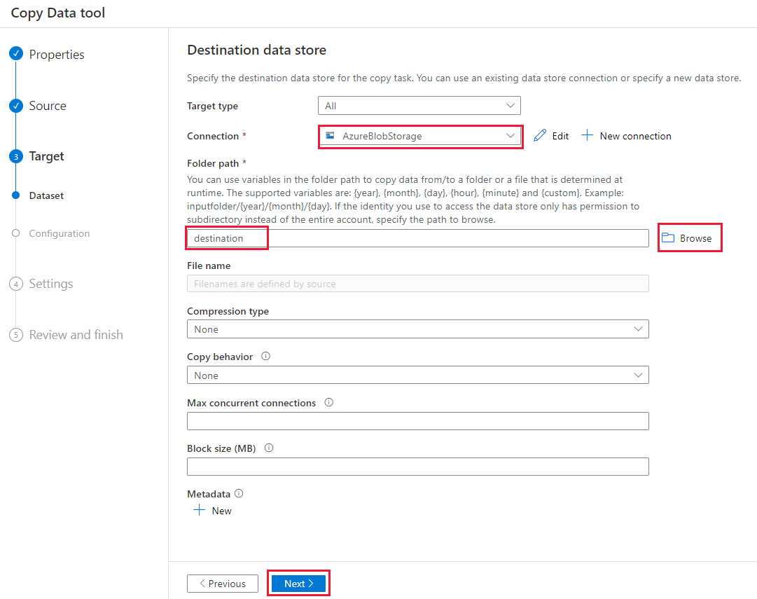 [Destination data store]\(コピー先データ ストア\) ページを示すスクリーンショット。