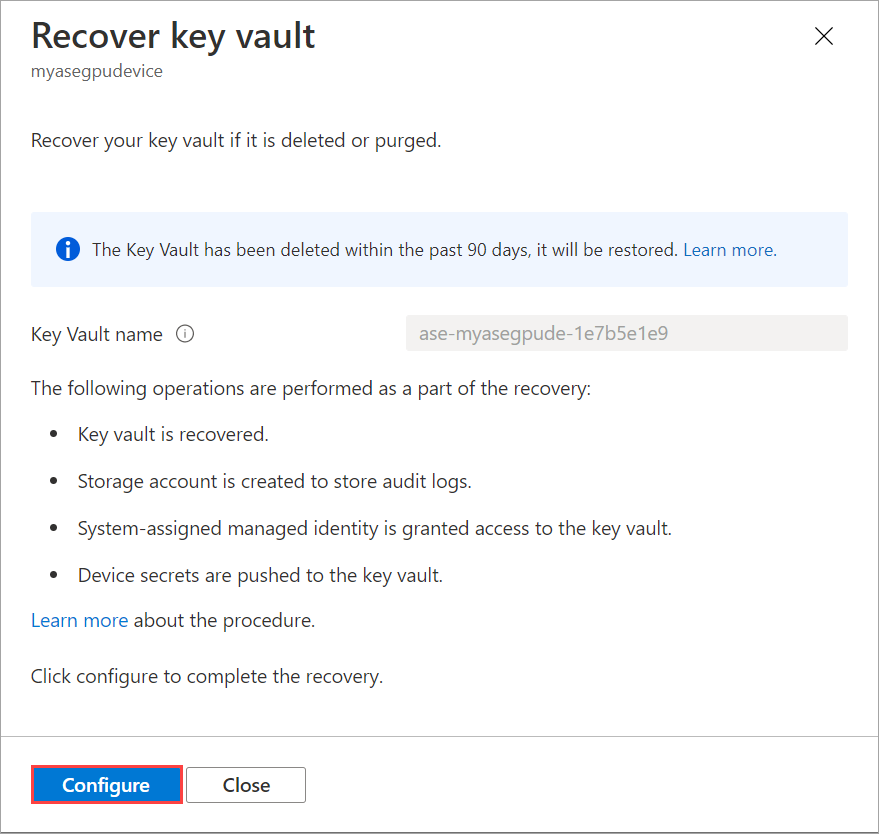 [Recover key vault]\(キー コンテナーの回復\) ブレード